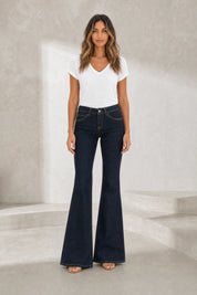 Pantalon bleu foncé évasé taille mi-haute | Lounelle Paris