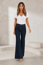 Pantalon bleu foncé évasé taille mi-haute | Lounelle Paris