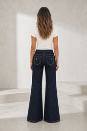 Pantalon bleu foncé évasé taille mi-haute | Lounelle Paris
