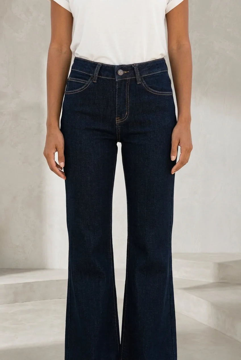Pantalon bleu foncé évasé taille mi-haute | Lounelle Paris