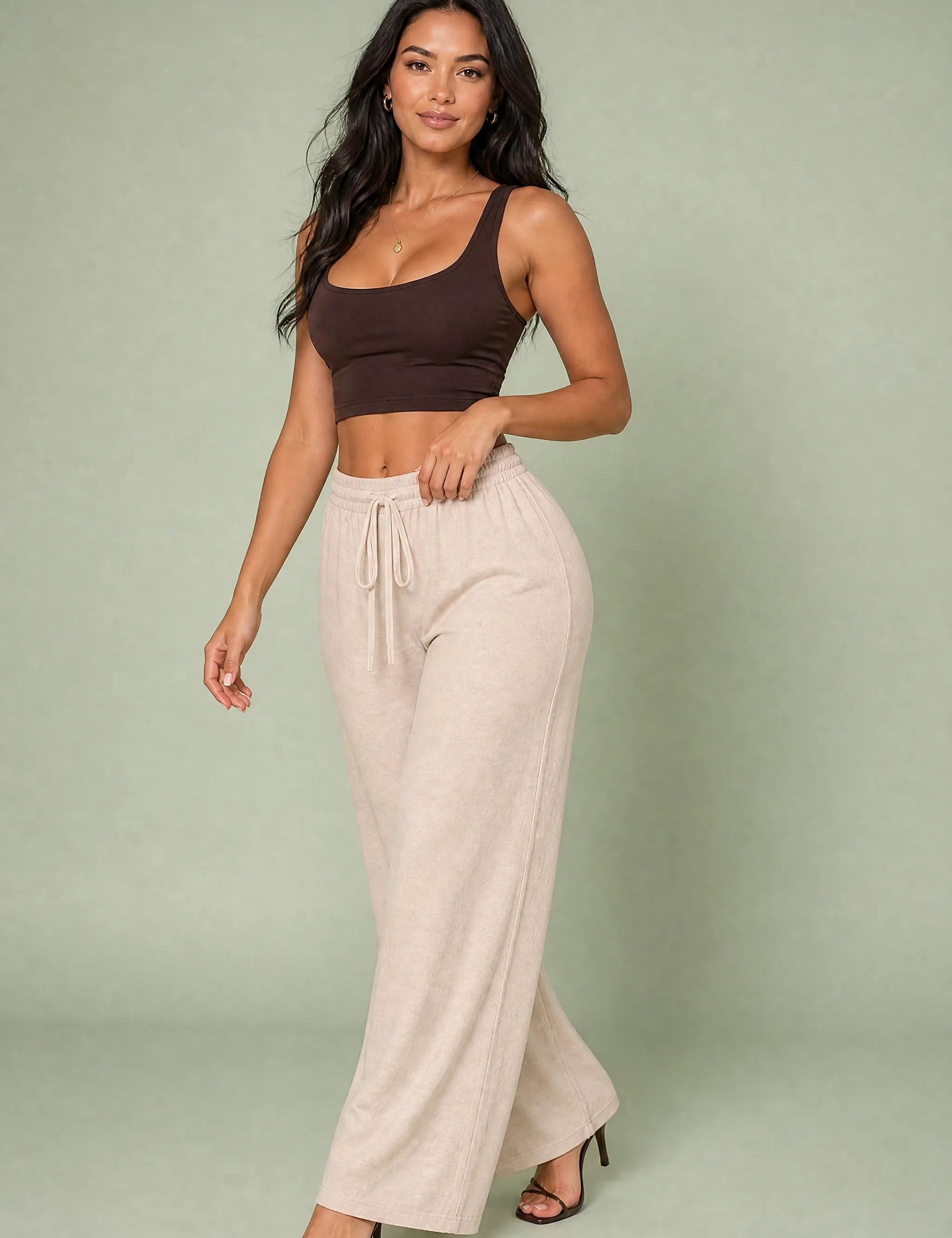 Pantalon large abricot taille élastique | Vue de face | Lounelle Paris