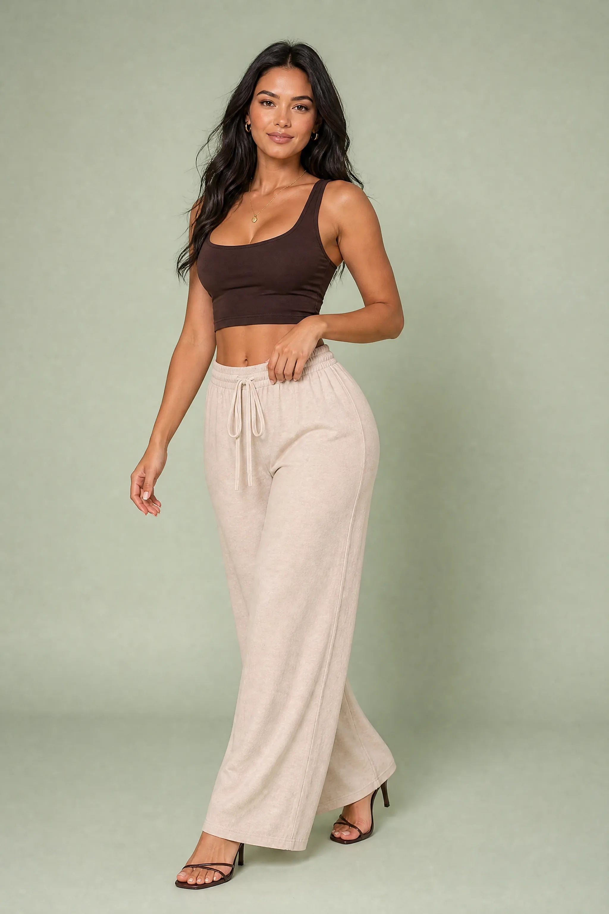 Pantalon large abricot taille élastique | Vue de face | Lounelle Paris