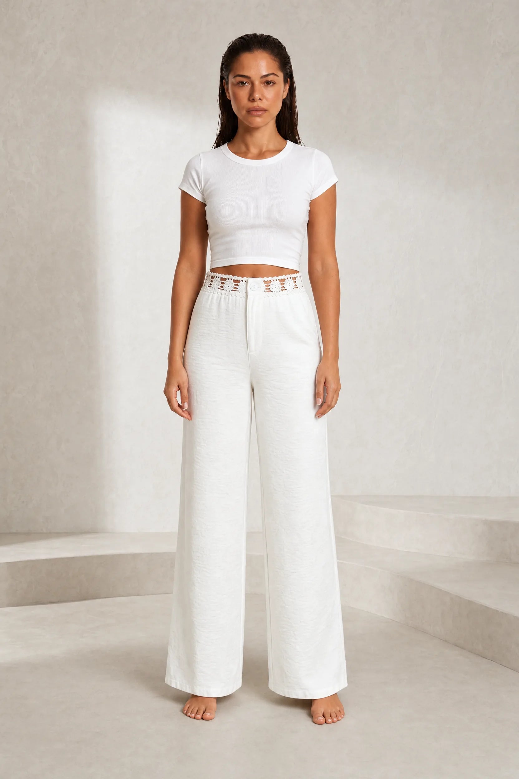 Pantalon large blanc ceinture dentelle | Lounelle Paris
