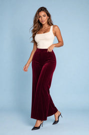 Pantalon large bordeaux taille haute en velours | Vue de face | Lounelle Paris