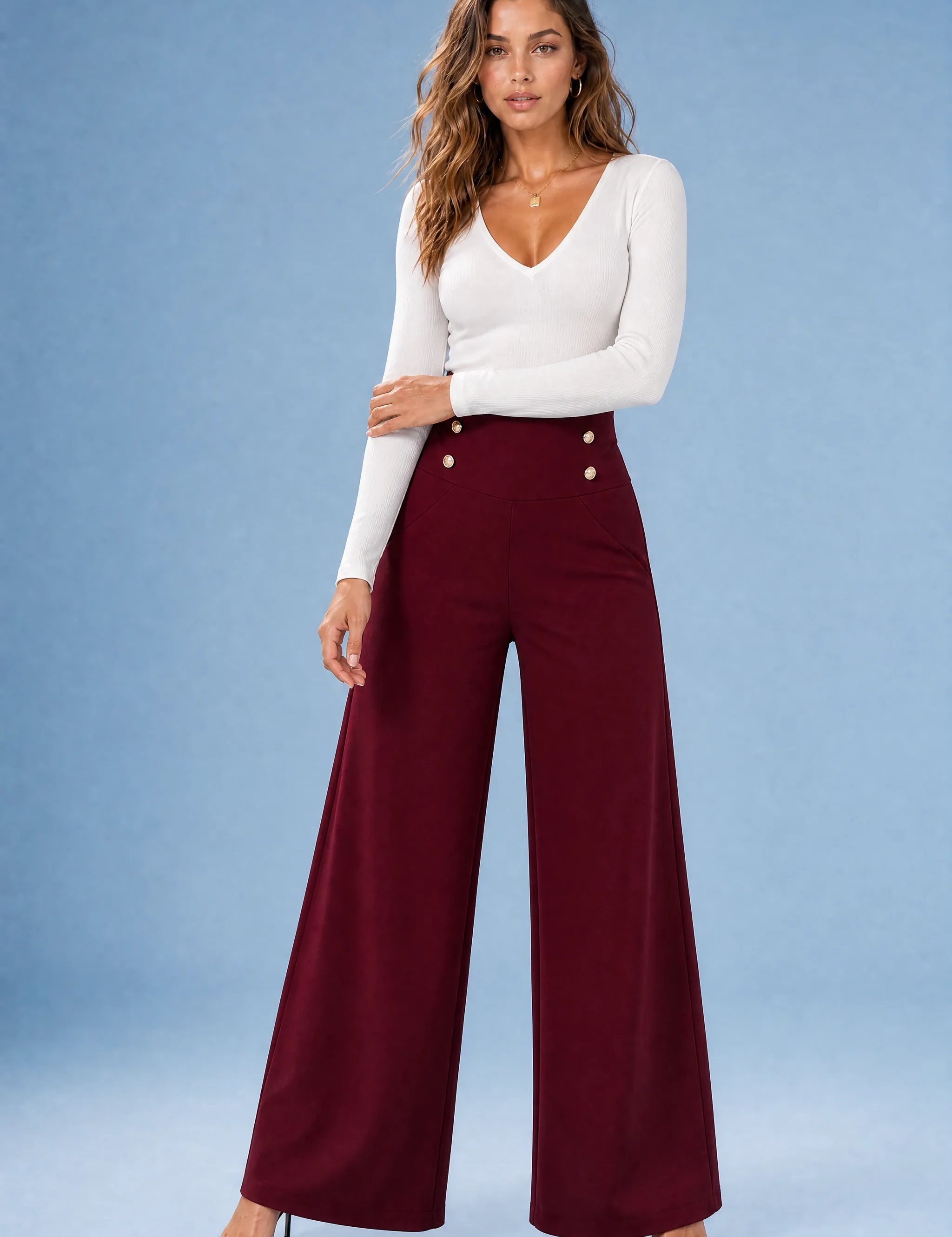 Pantalon large taille haute fluide | Variante Bordeaux | Lounelle Paris
