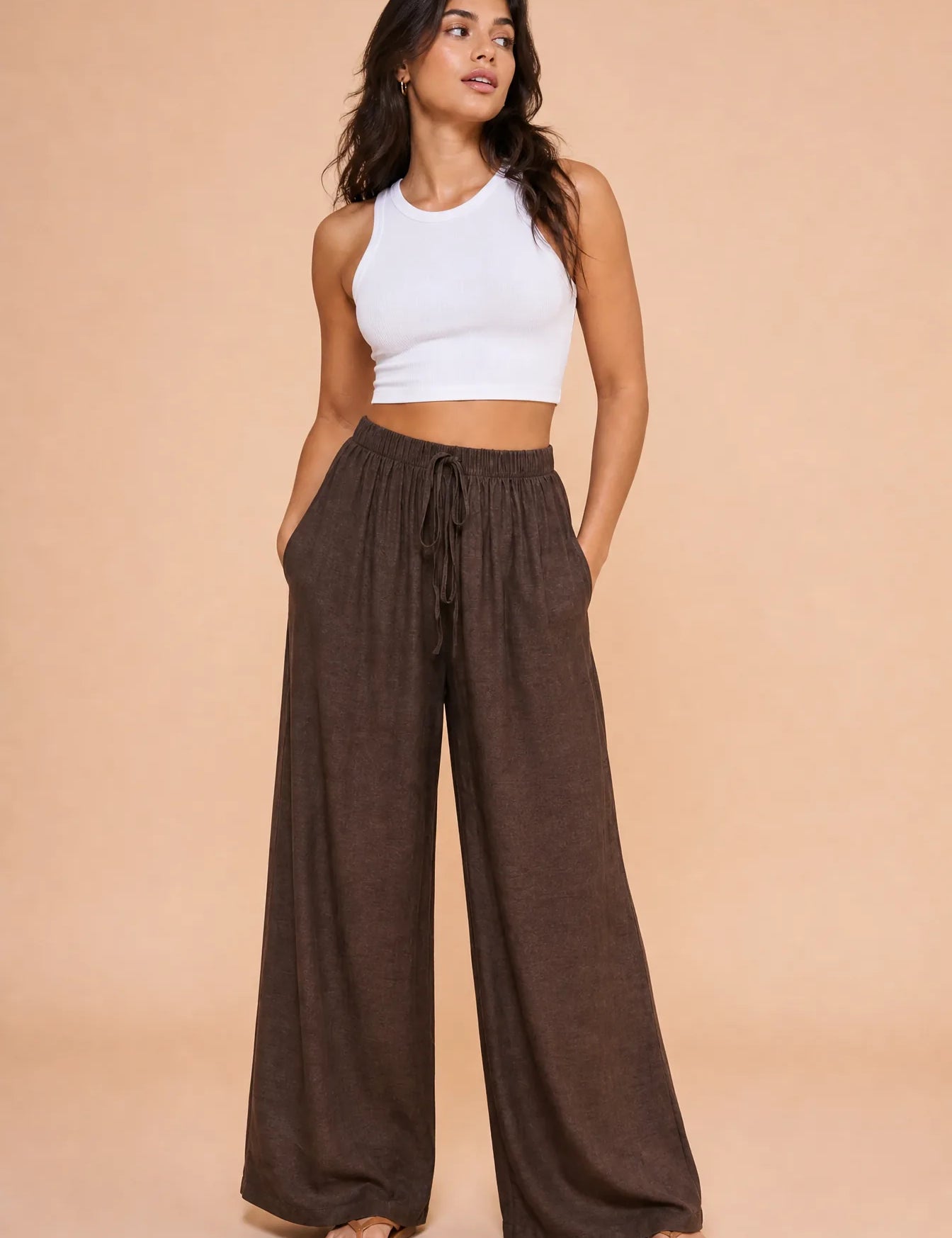 Pantalon marron large taille haute | Vue de face | Lounelle Paris
