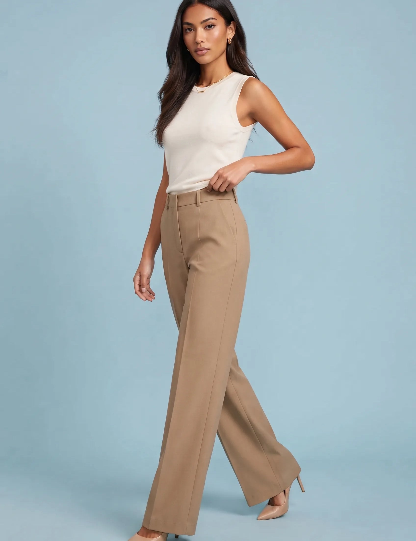 Pantalon tailleur camel coupe large | Vue de face | Lounelle Paris