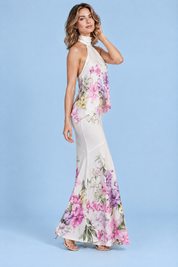 Jupe longue asymétrique blanche à imprimé floral en satin mat | Vue de dos | Lounelle Paris
