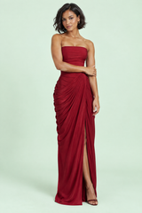 Burgundy Ruched High-Neck Split Maxi Dress