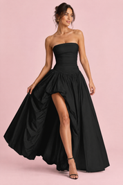 Robe longue noire froncée sans bretelles | Vue de face | Lounelle Paris