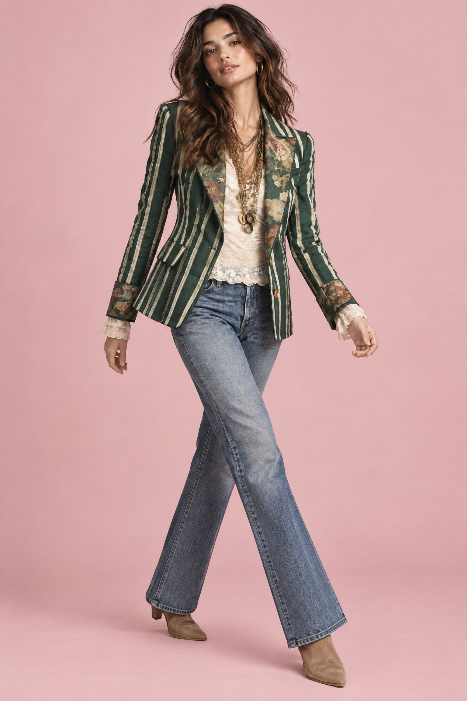 Blazer ajusté vert à fleurs et rayures | Vue en mouvement | Lounelle Paris