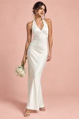 Off White Ruched V-Neck Maxi Dress