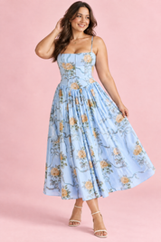 Robe longue bleue à corset | Porté sur une silhouette plus ronde | Lounelle Paris