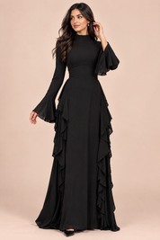 Robe longue noire à volants et manches cloche | Vue de face | Lounelle Paris
