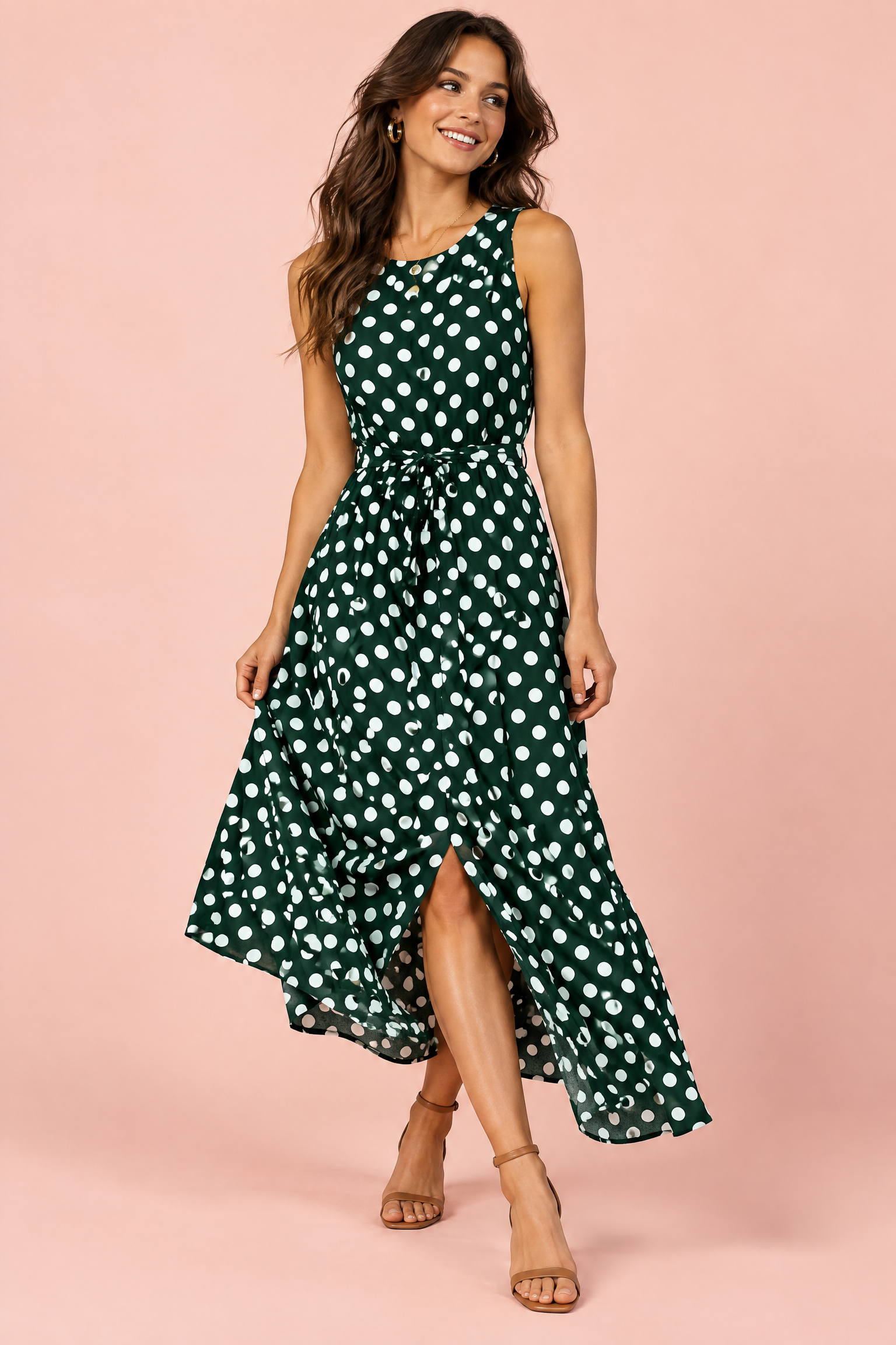 Robe longue verte à pois avec col montant et détails drapés | Vue de face | Lounelle Paris