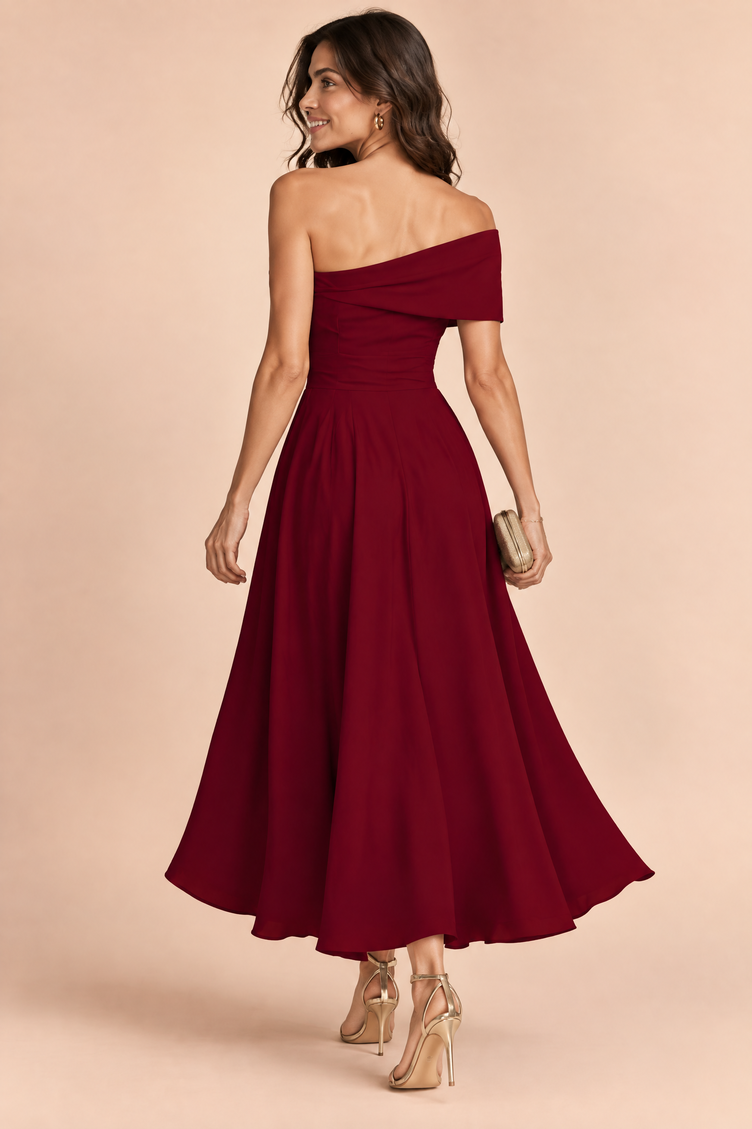 Robe asymétrique bordeaux à épaules dénudées | Vue de dos | Lounelle Paris