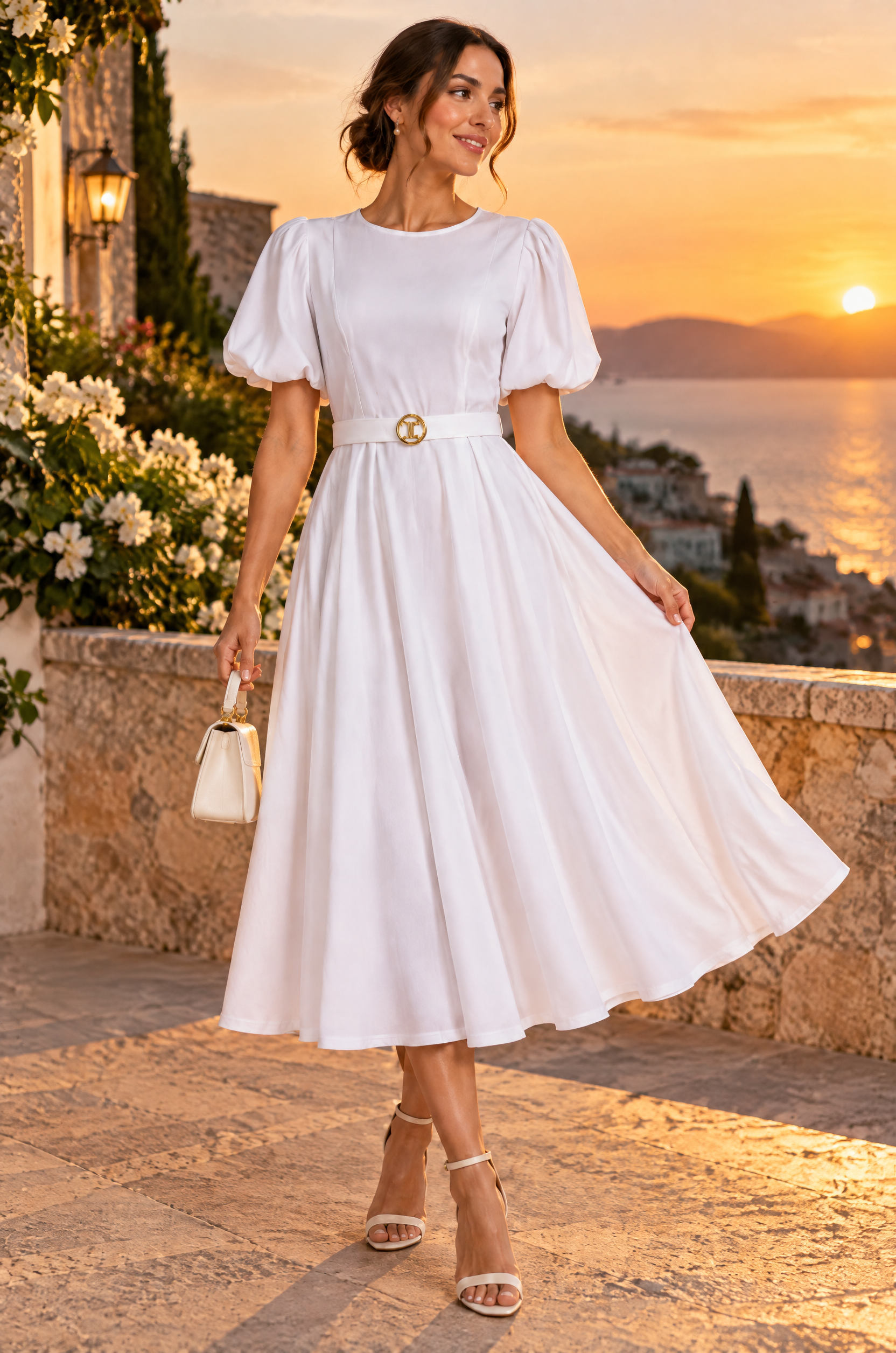 Robe midi blanche à col montant et manches bouffantes | Deuxième photo lifestyle | Lounelle Paris