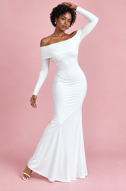Robe longue blanche asymétrique à fronces et drapé | Vue en mouvement | Lounelle Paris