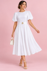 White High Neck Midi Dress With Puff Sleeves