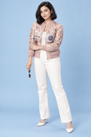 Bomber rose fleuri orné de perles | Porté sur une autre silhouette | Lounelle Paris