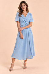 Light Blue V-Neck Wrap Dress