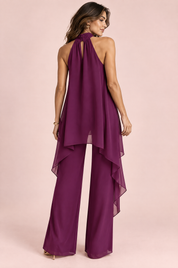 Ensemble pantalon violet en mousseline à col dos nu | Vue de dos | Lounelle Paris