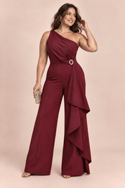 Combinaison pantalon bordeaux à encolure carrée festonnée | Porté sur une autre silhouette | Lounelle Paris
