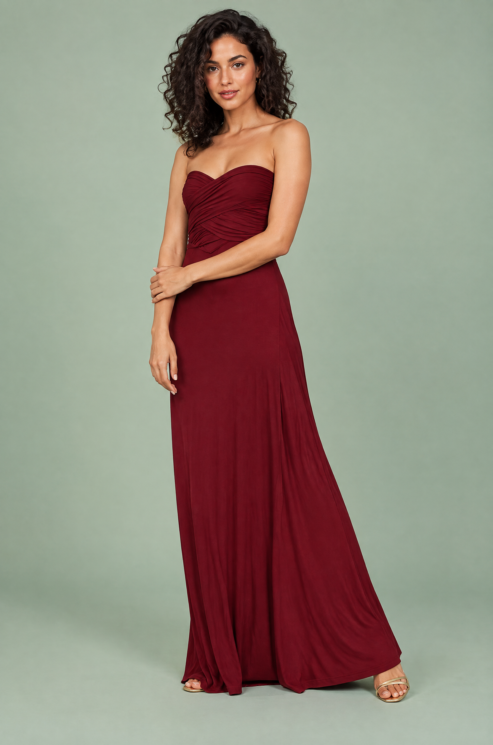 Robe longue portefeuille bordeaux à col américain avec détail doré | Vue de face | Lounelle Paris