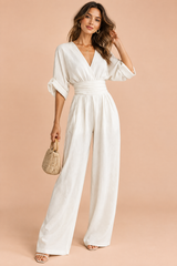 White V-Neck Wide-Leg Jumpsuit
