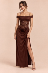 Brown Ruched Lace Maxi Dress