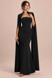 Robe longue noire à encolure carrée et manches cape | Vue de face | Lounelle Paris
