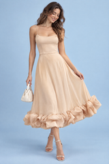 Beige Fit-and-Flare Ruffle-Hem Midi Dress