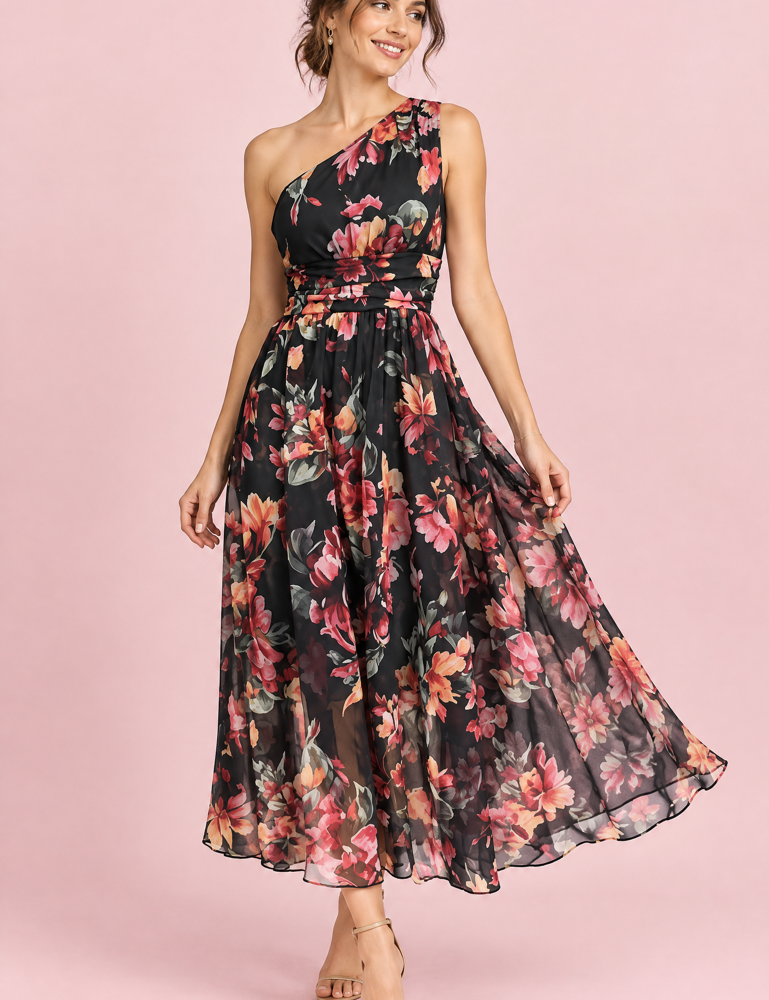 Robe longue fleurie noire à une épaule, coupe trapèze | Vue de face | Lounelle Paris