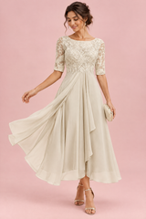 Embroidered Bodice Chiffon Dress Ivory