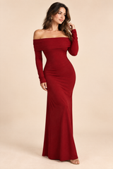 Burgundy Maternity Ruched Mesh Bardot Maxi Dress