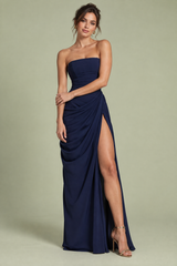 Navy Strapless Ruched Maxi Dress