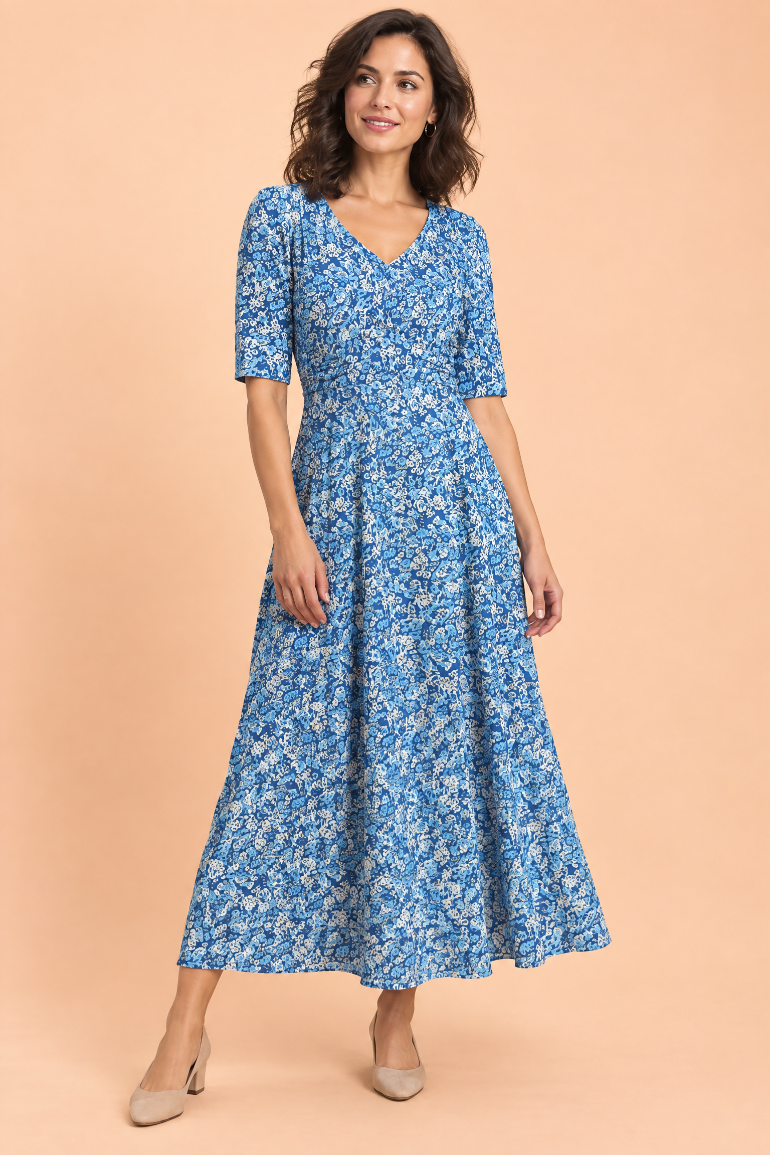 Robe longue bleue à col V | Vue de face | Lounelle Paris