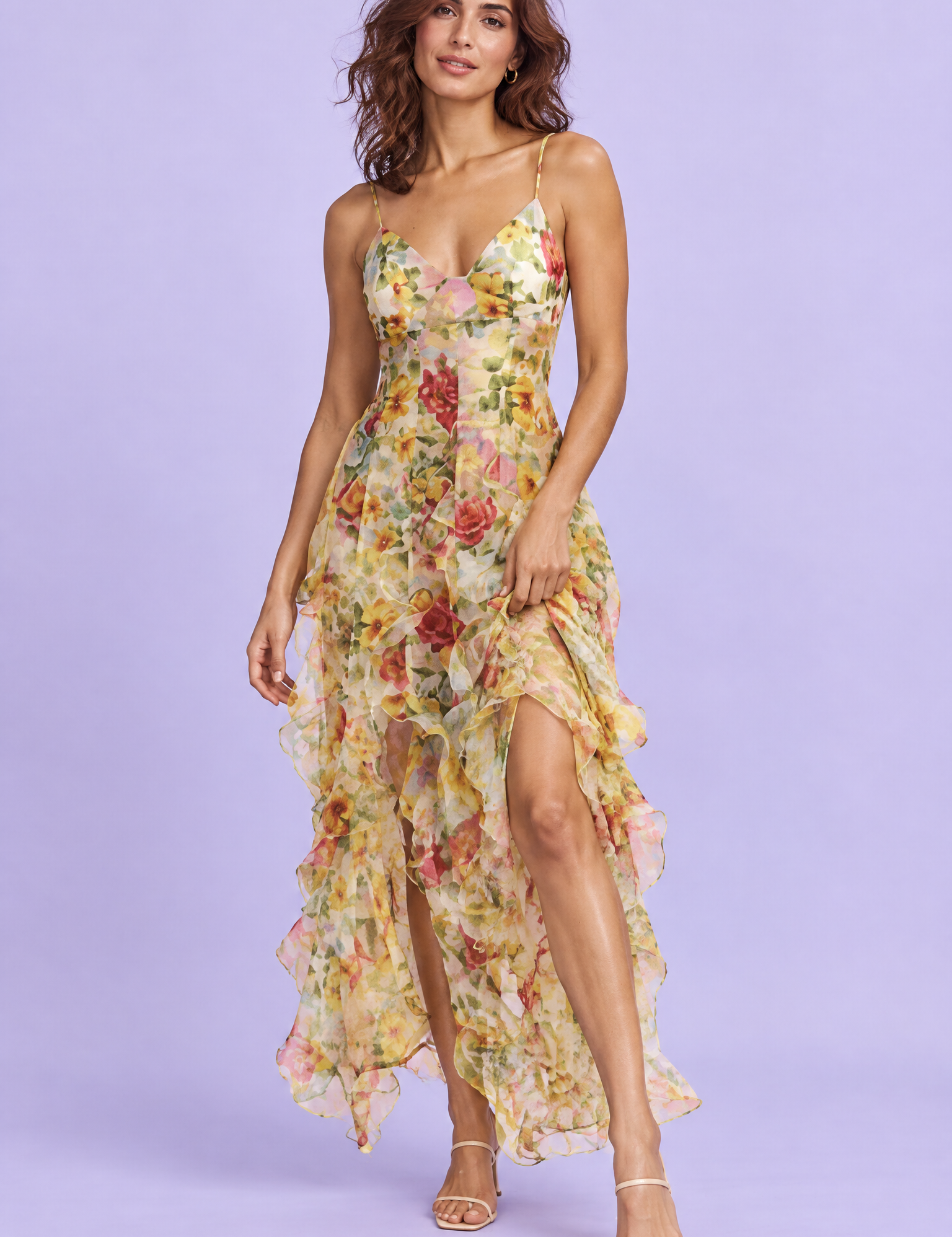 Robe longue jaune asymétrique à manches cape et imprimé lys | Vue de face | Lounelle Paris