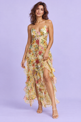 Yellow Lily Print Asymmetric Cape Sleeve Maxi Dress