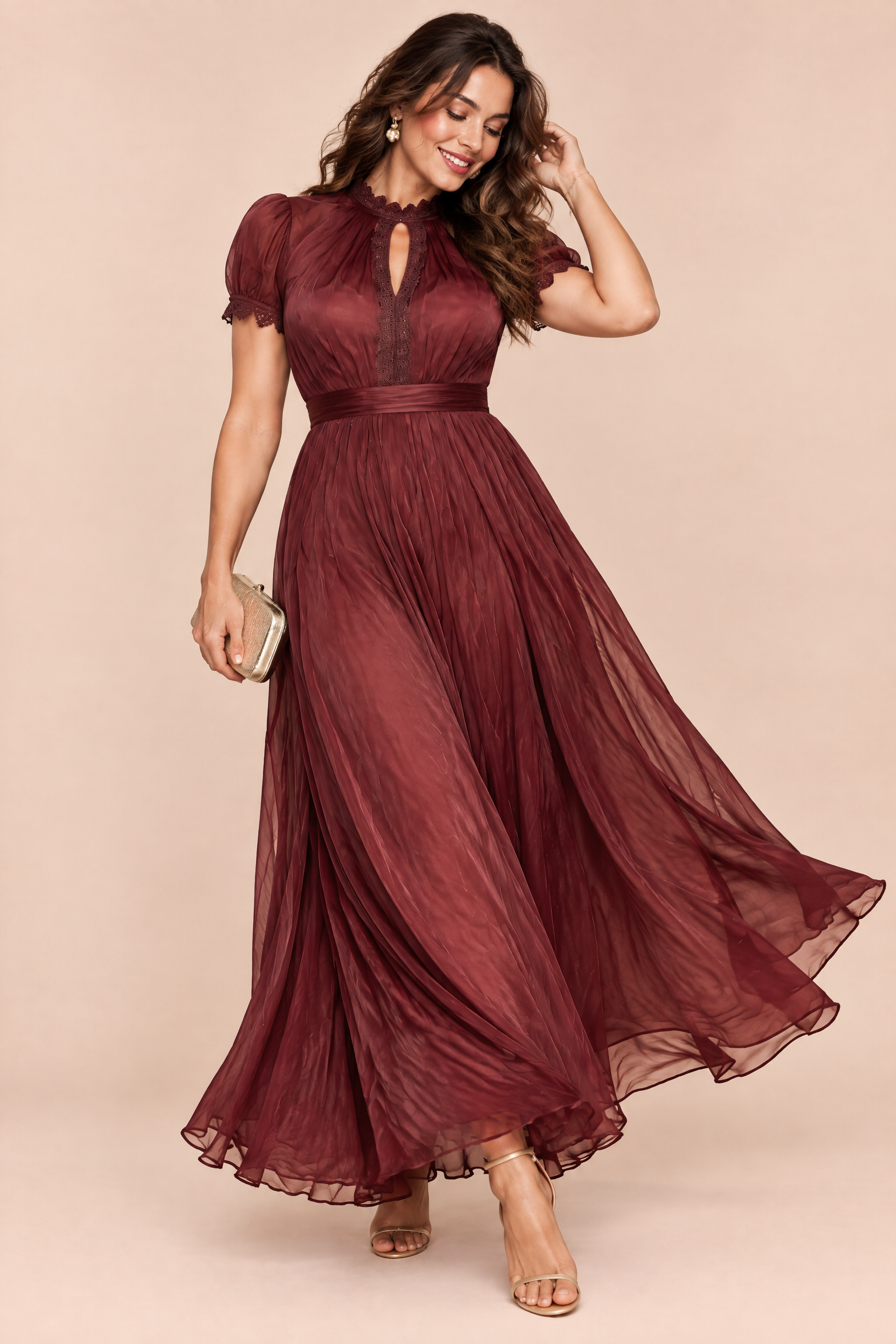 Robe longue bordeaux à volants | Porté sur une autre silhouette | Lounelle Paris