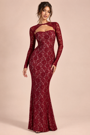 Robe longue en dentelle bordeaux à décolleté cœur | Vue de face | Lounelle Paris