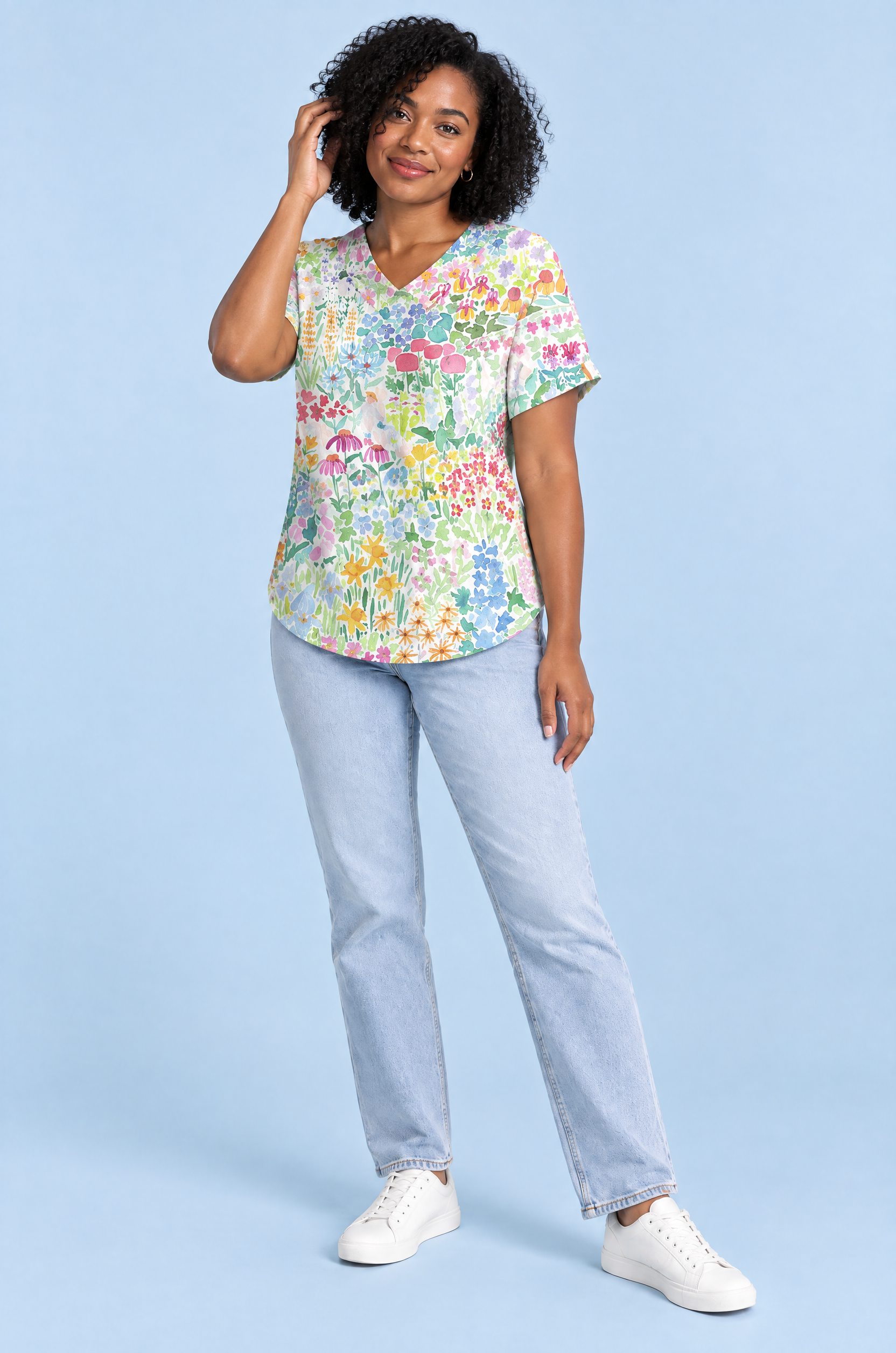 T-shirt blanc à imprimé floral et col | Porté sur une autre silhouette | Lounelle Paris
