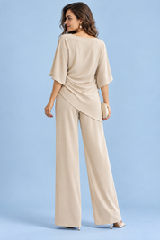 Ensemble pantalon beige plissé effet portefeuille | Vue de dos | Lounelle Paris