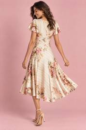 Robe midi ivoire fleurie froncée à col V | Vue de dos | Lounelle Paris