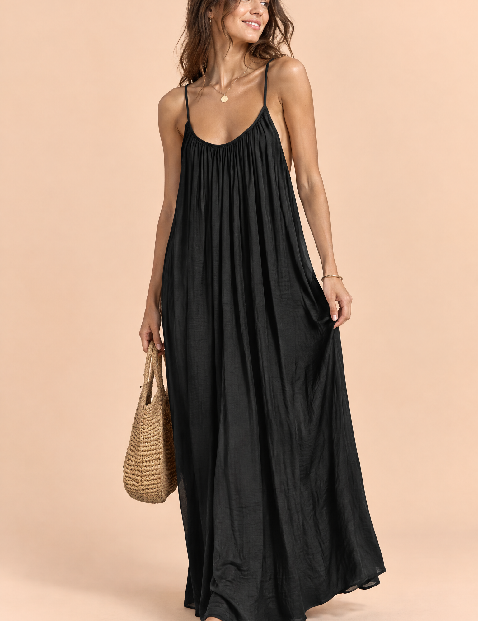 Robe longue fluide dos nu noire | Vue de face | Lounelle Paris