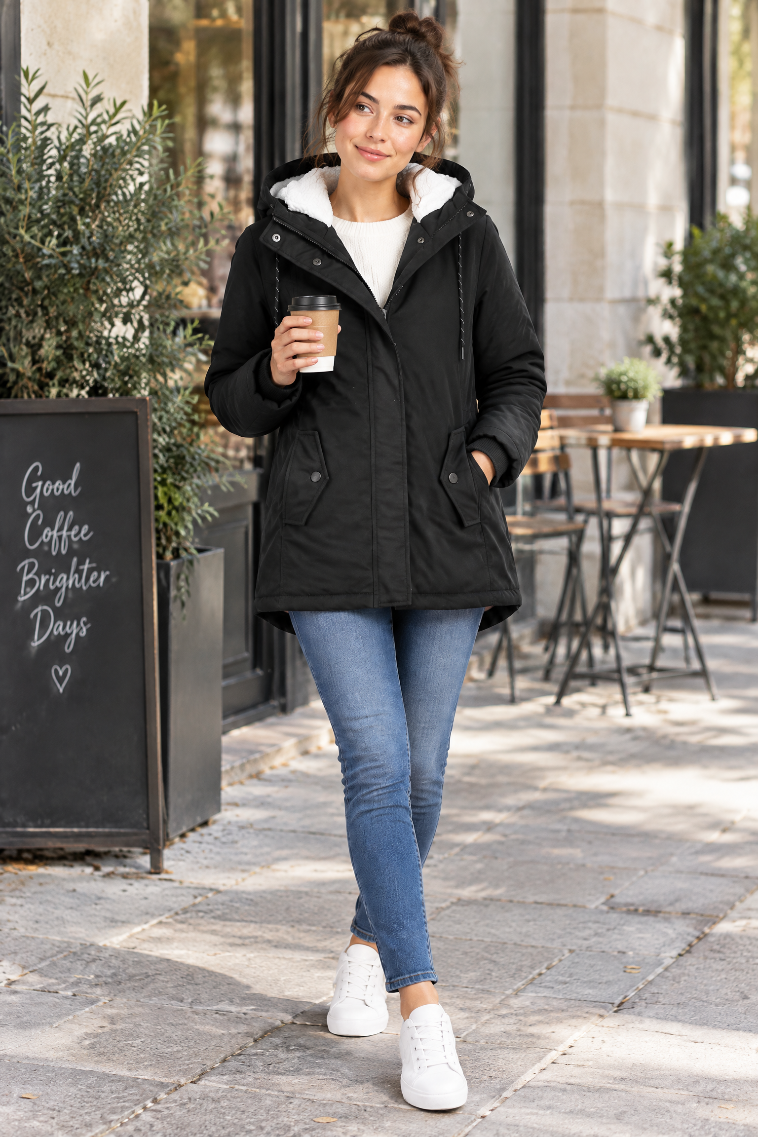 Parka noire oversize à capuche | Photo lifestyle | Lounelle Paris