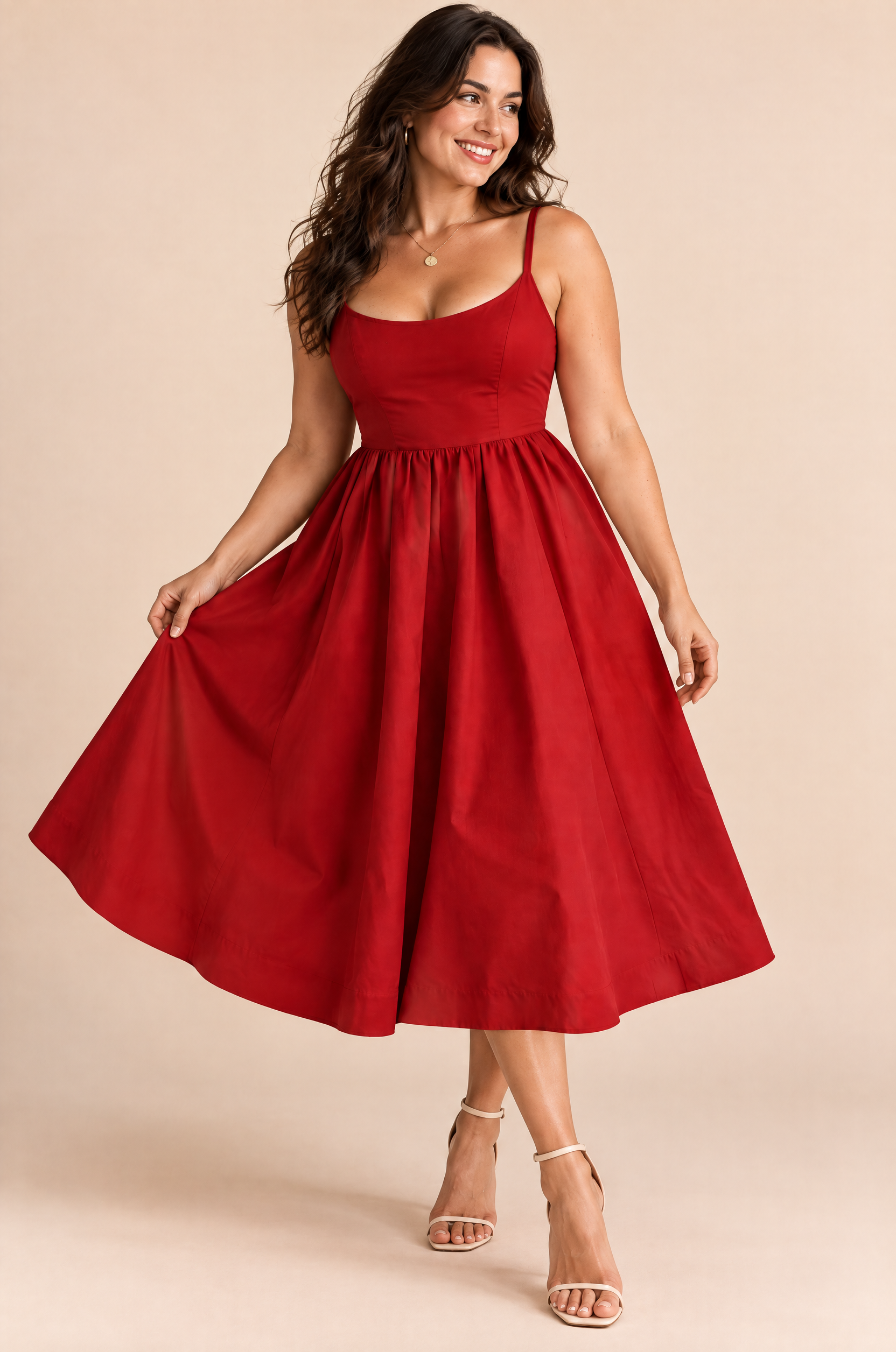 Robe midi rouge plissée évasée | Porté sur une autre silhouette | Lounelle Paris