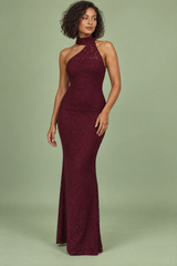 Dark Red Asymmetric Halterneck Lace Maxi Dress with Slit