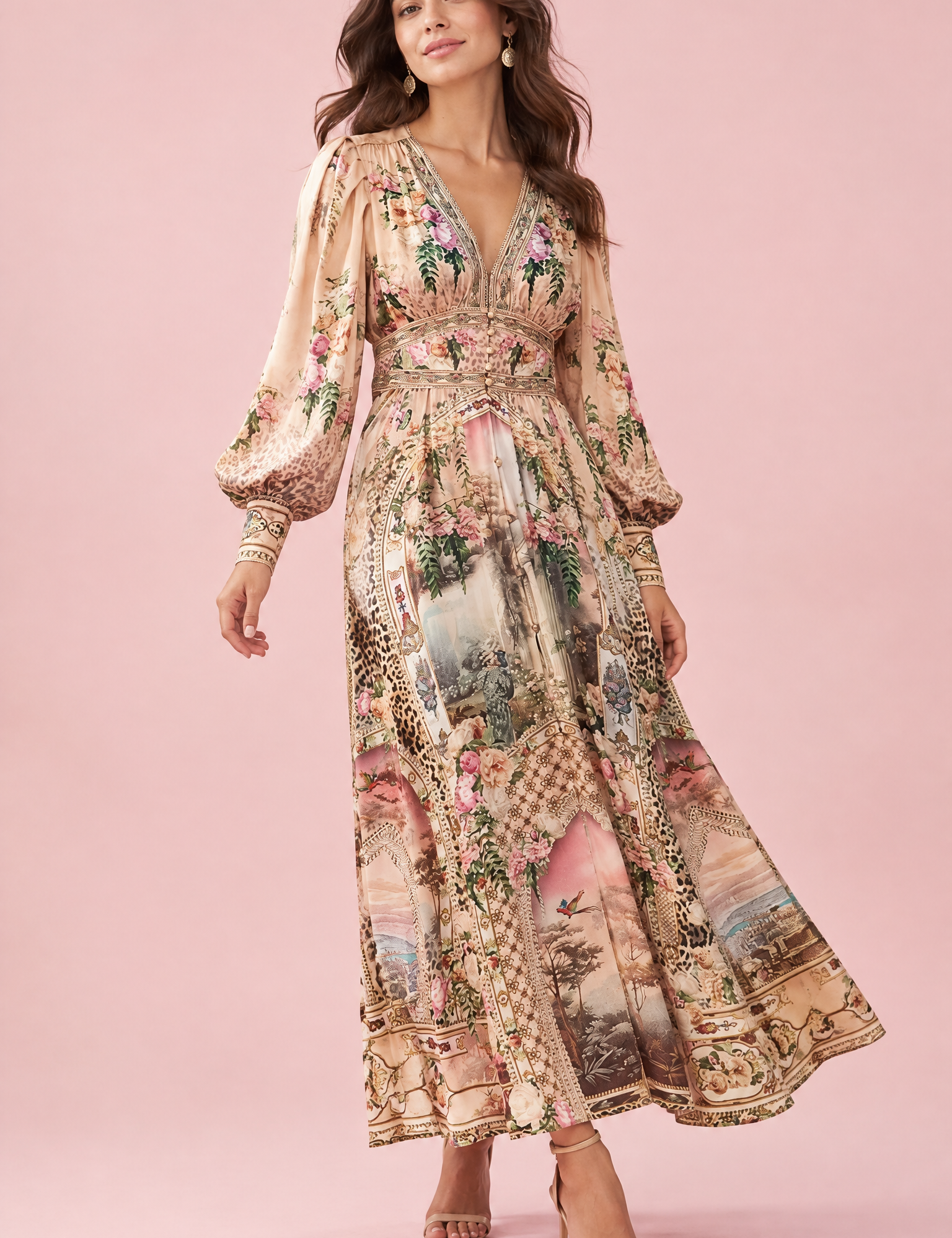 Robe longue beige à col V et manches bouffantes | Vue de face | Lounelle Paris