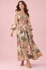 Beige V-Neck Puff-Sleeve Maxi Dress